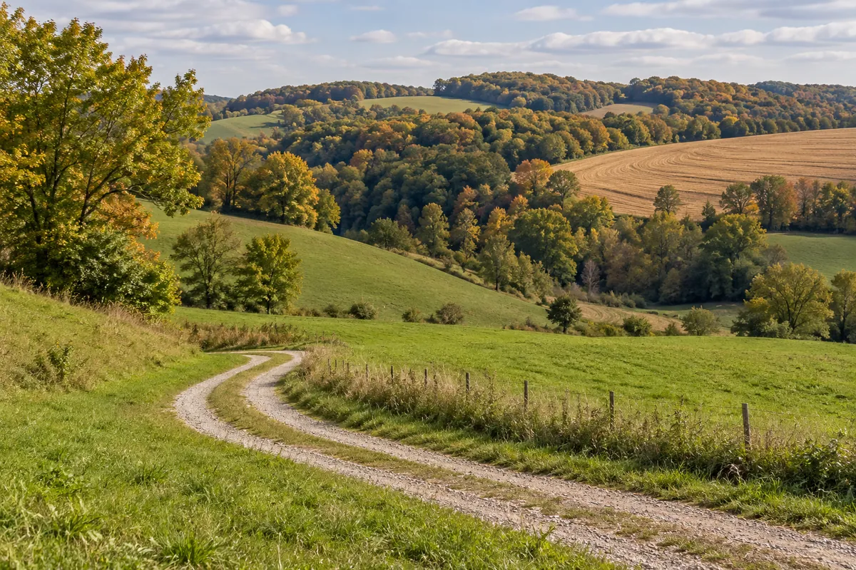 Rolling green pasture beside a curving gravel lane and wooded hollow in southwestern Wisconsin