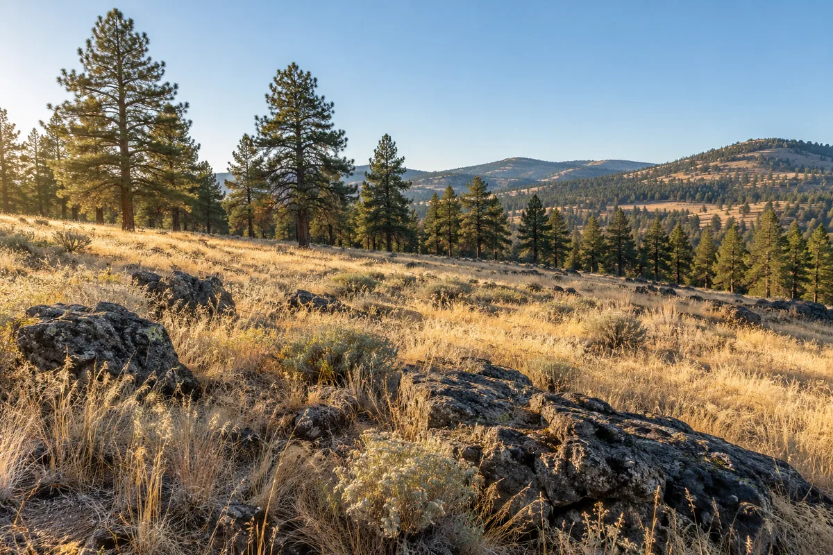 Basalt rocks and golden meadow grass slope toward open ponderosa pine woodland