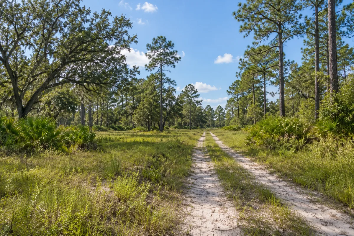 A sandy lane runs through a grassy clearing bordered by pine trees and live oaks