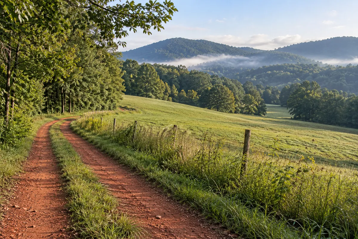 Red clay lane beside rolling pasture and wooded hills