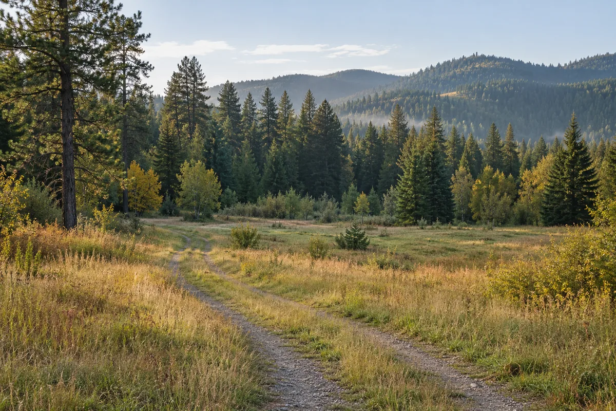 A gravel two-track crosses a grassy meadow toward conifer woods and gently rounded forested hills