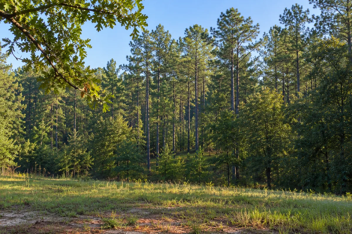 Sunlit grass and sandy ground beside tall pines and leafy oaks