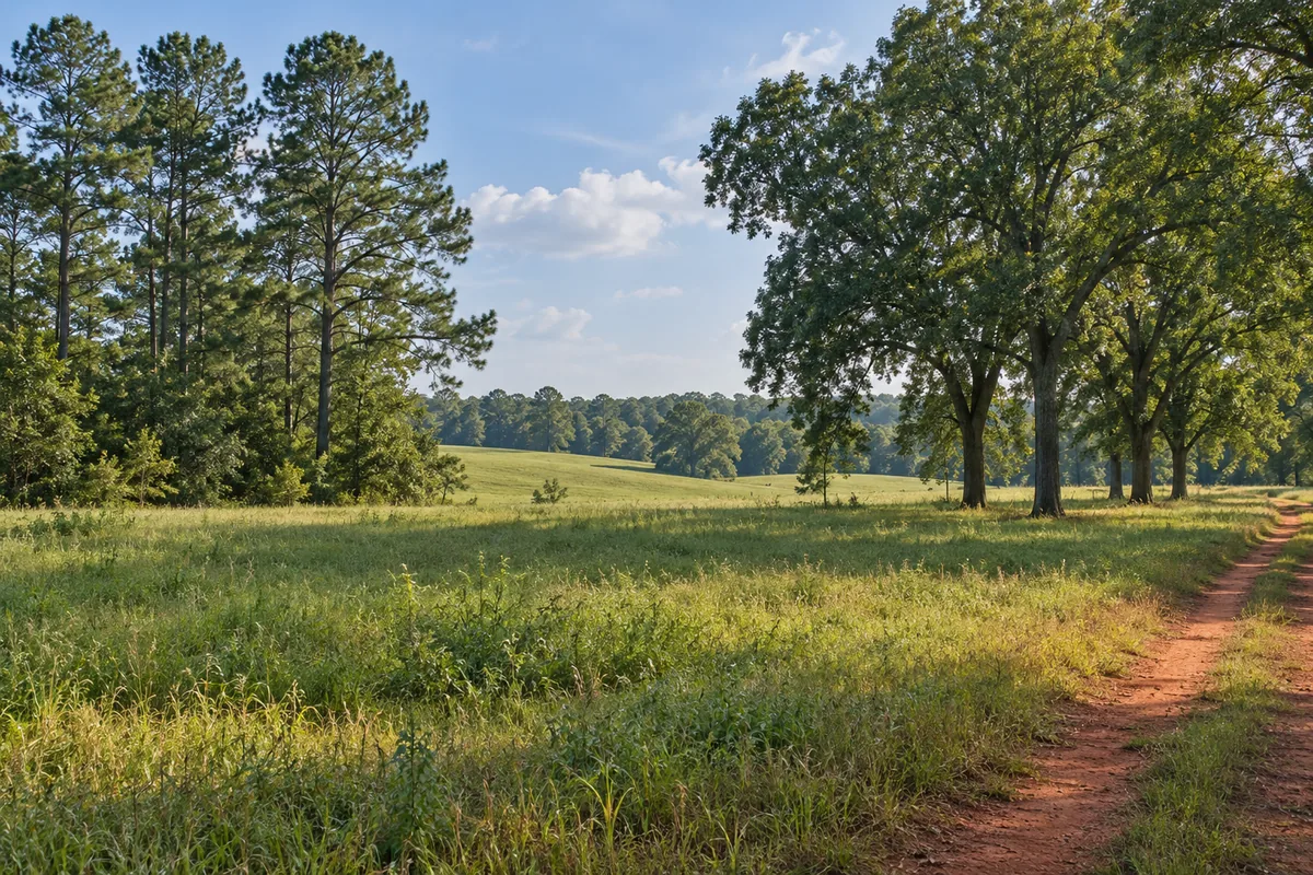 An open grassy field meets mature pecan trees and tall pines beside a red-clay farm track