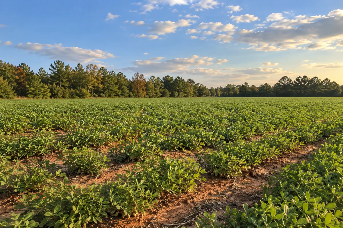 Low green crop rows in sandy reddish soil beside a mixed pine and hardwood tree line