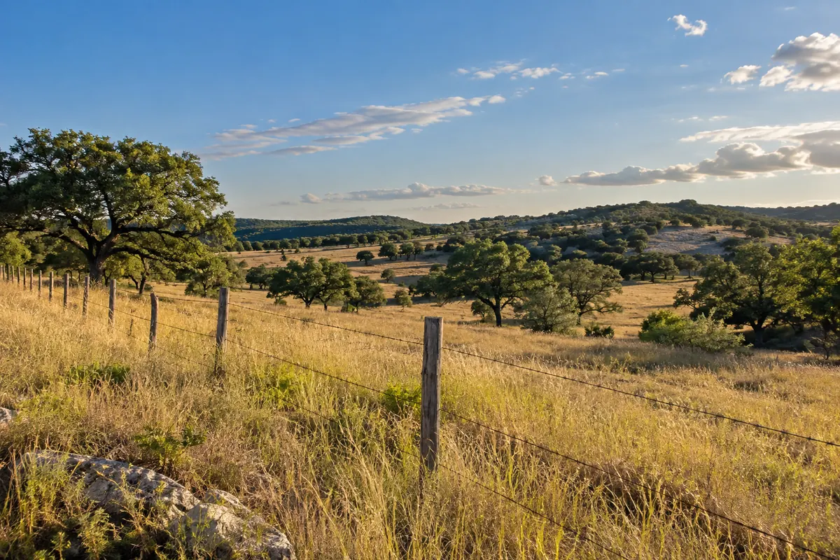 Fenced rolling pasture with scattered oak trees and open grass