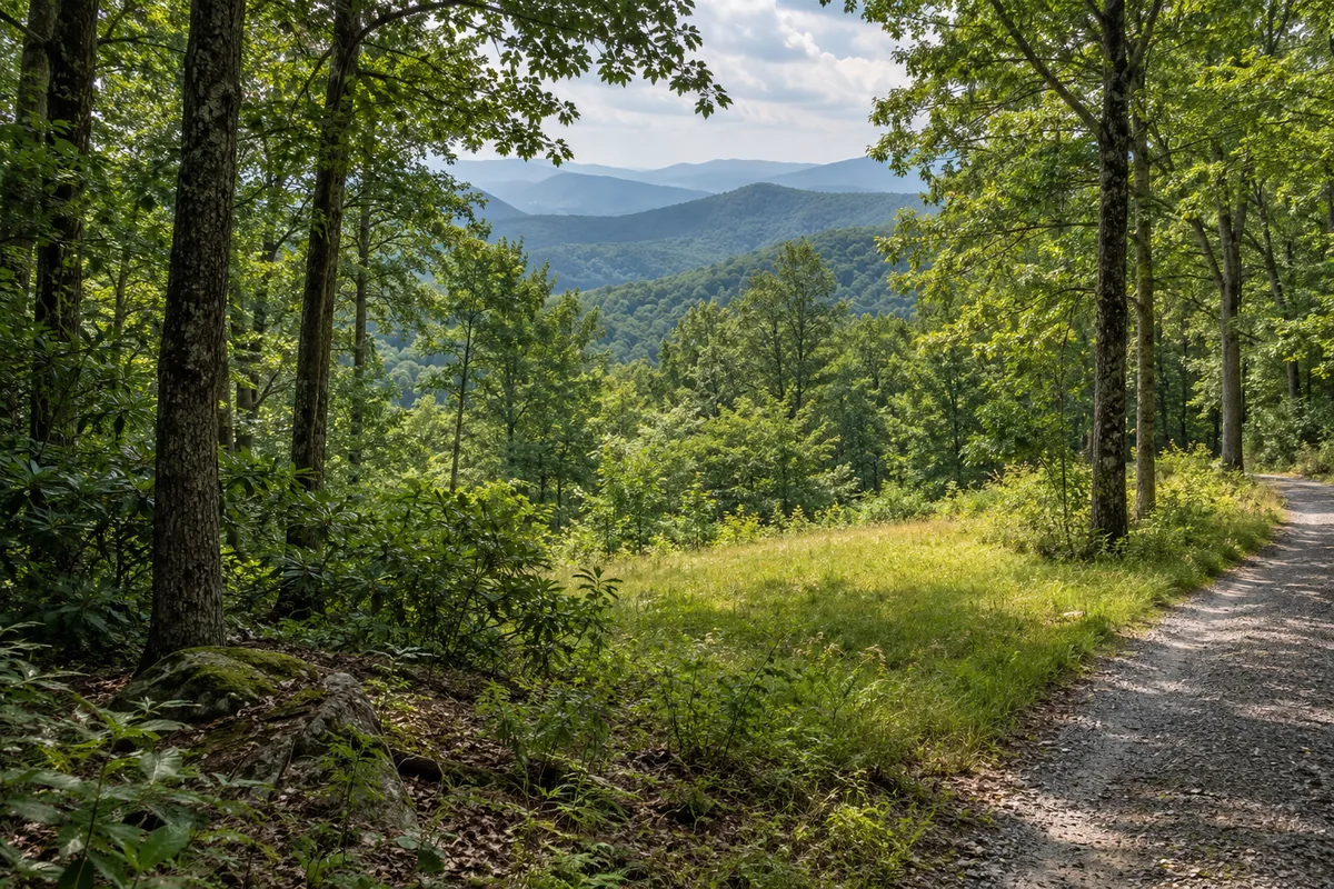 A gravel lane beside a small grassy clearing in leafy mountain woodland