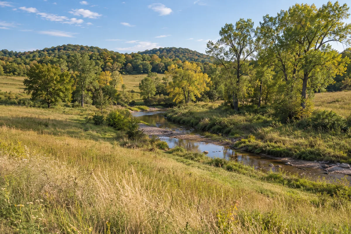 Creek through a grassy meadow with leafy trees