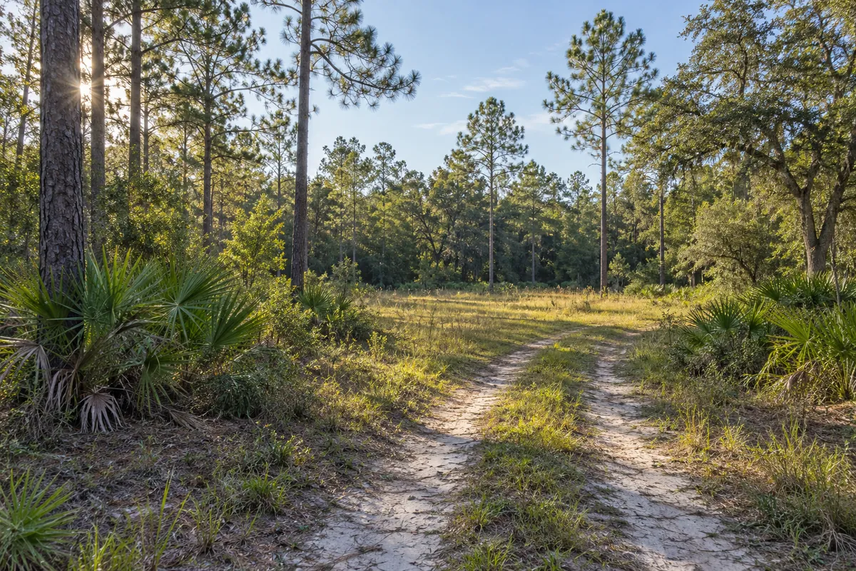 A sandy two-track entrance through grass and palmettos beside pine and oak woodland