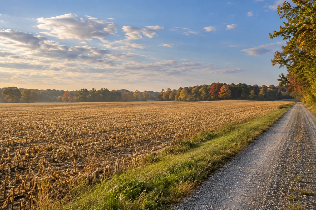Harvested field beside a gravel lane and autumn trees