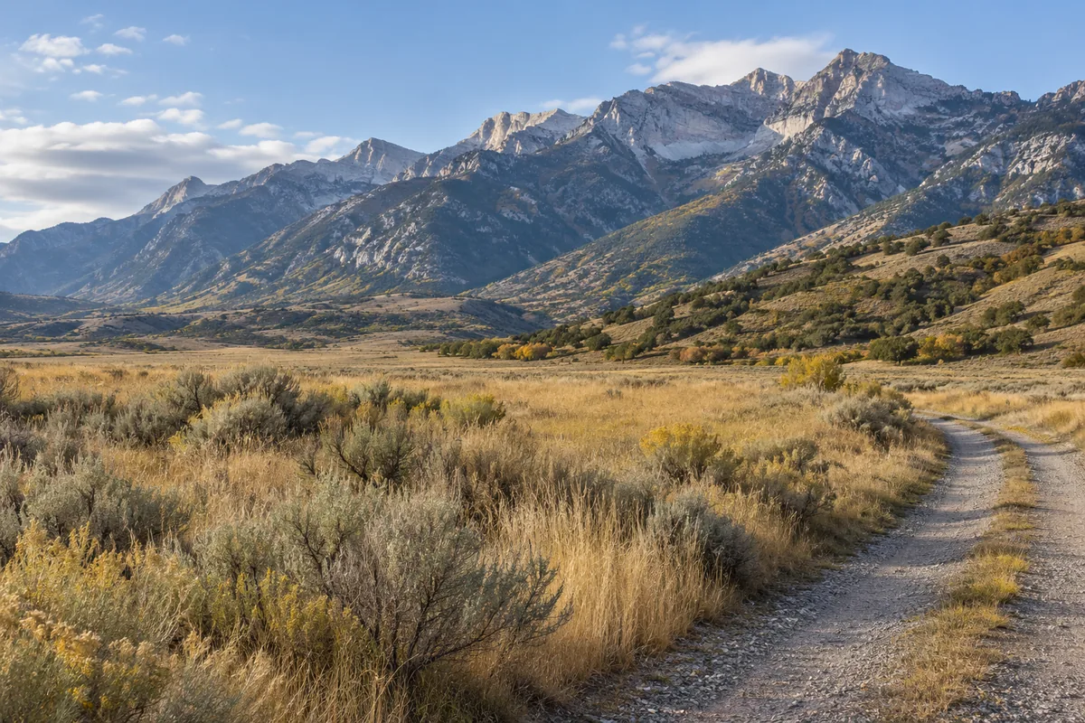 Dry meadow and a gravel track below rugged mountain foothills