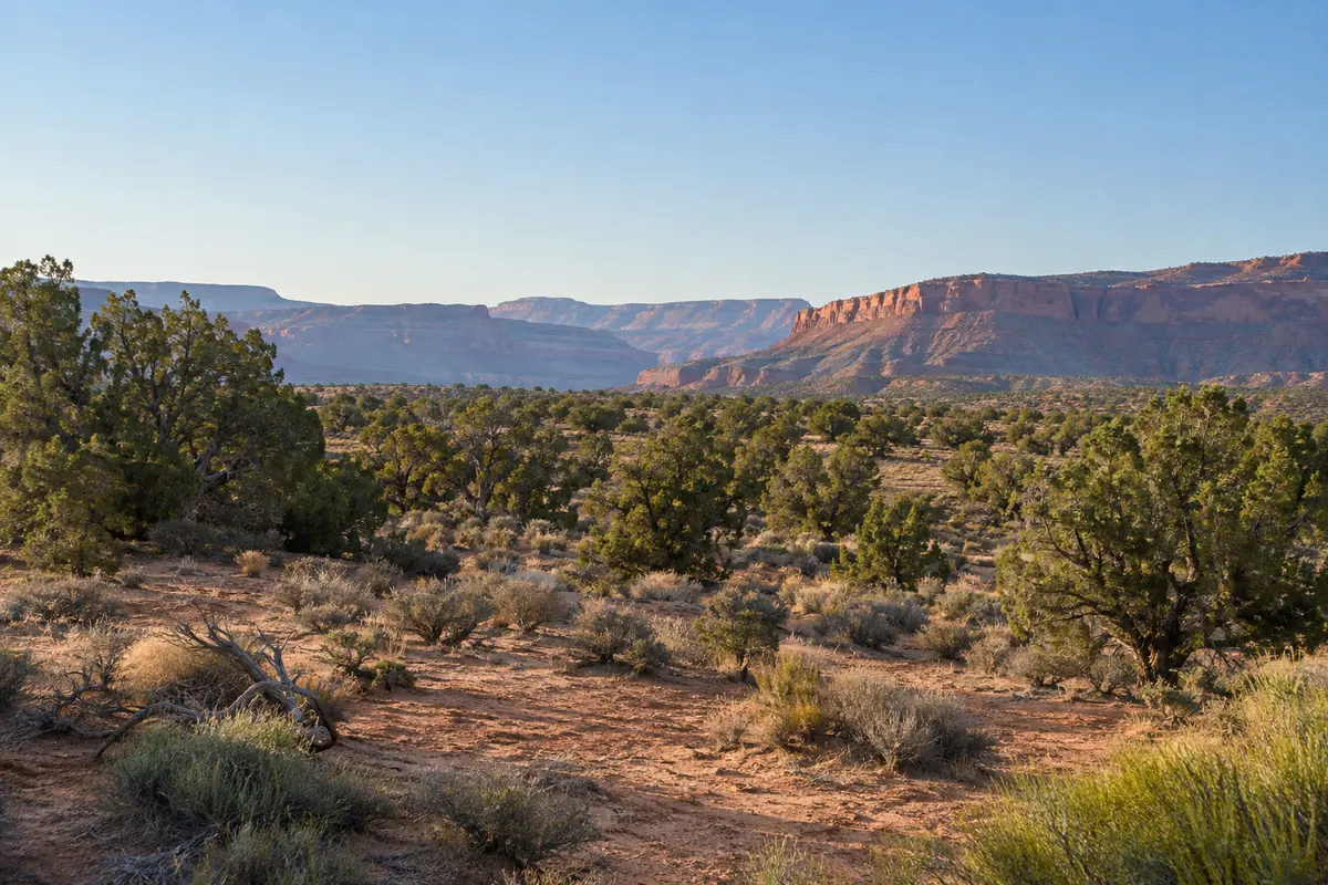 Open dry land with juniper trees and distant red cliffs