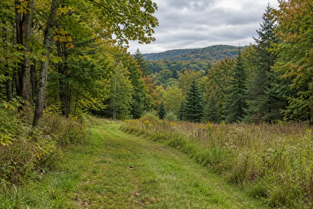 A grassy clearing leads into autumn woods with low wooded hills beyond