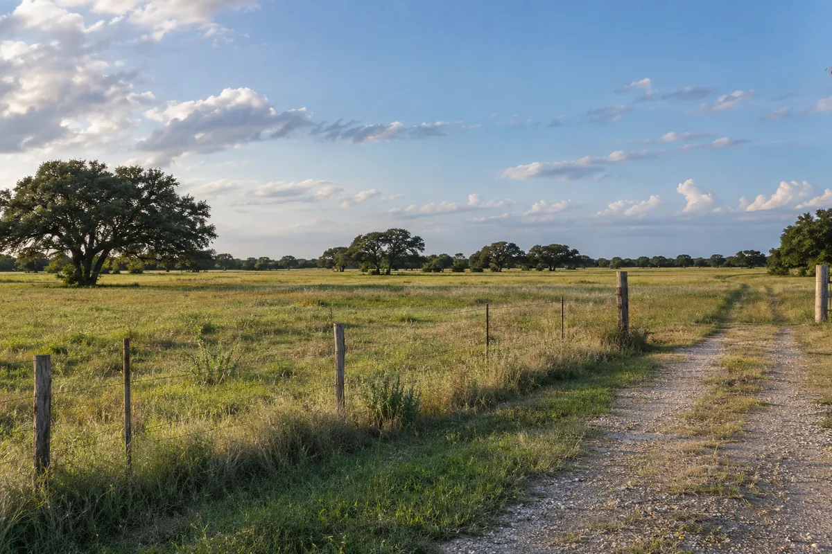 Flat grassy pasture with scattered live oaks, wire fence and gravel track