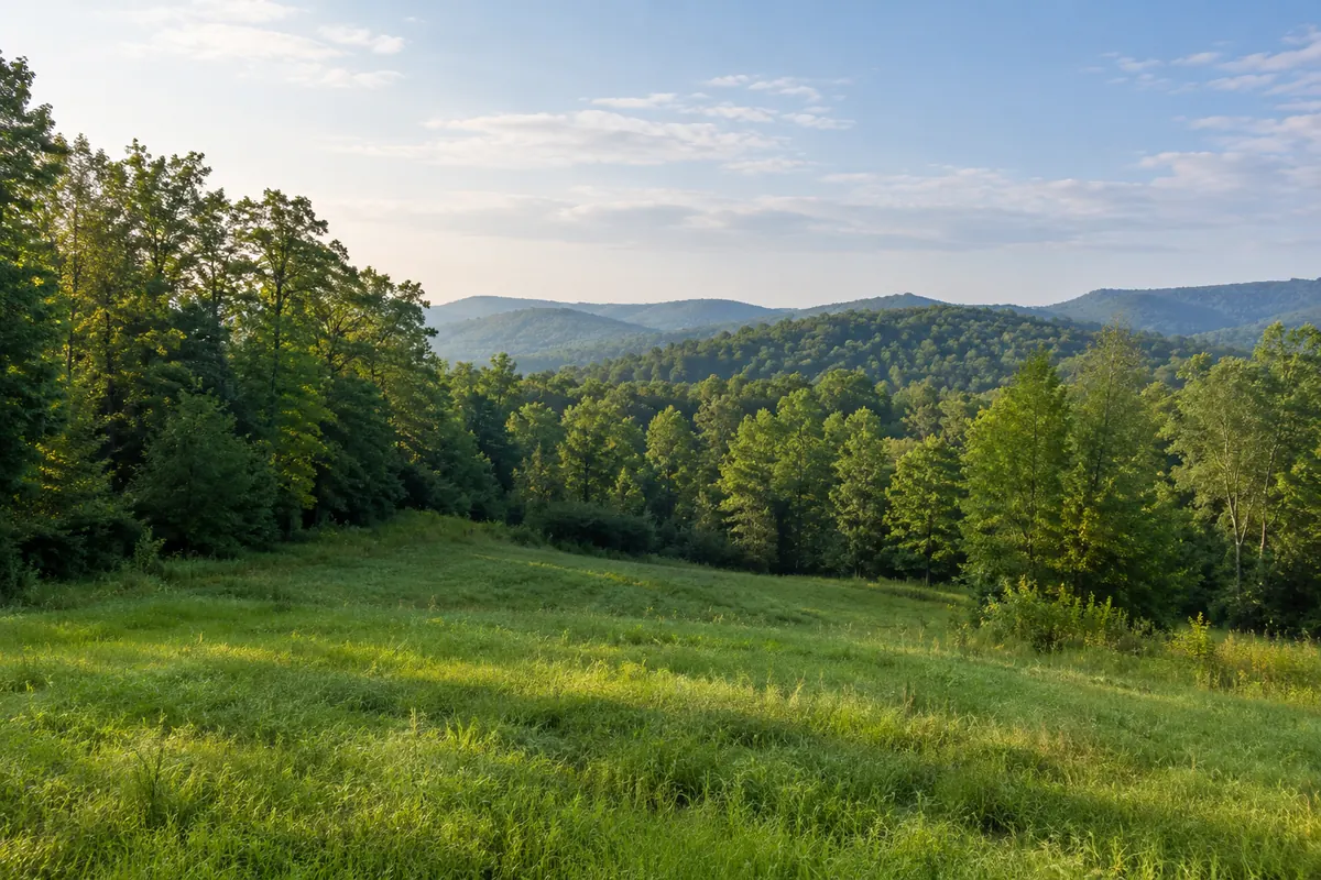 An open field beside leafy woods and rolling hills