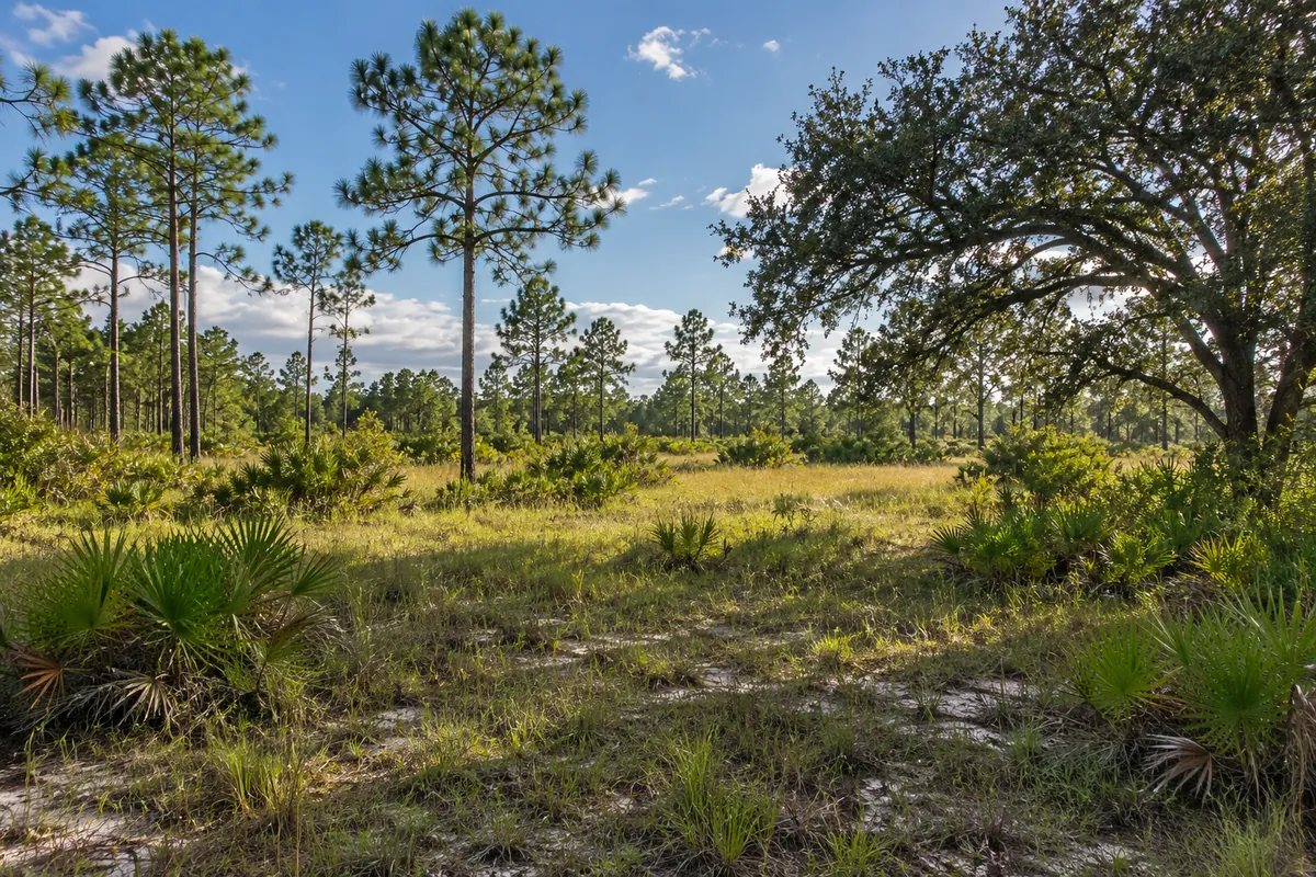 Open grassy land among pine trees, palmettos and a spreading oak