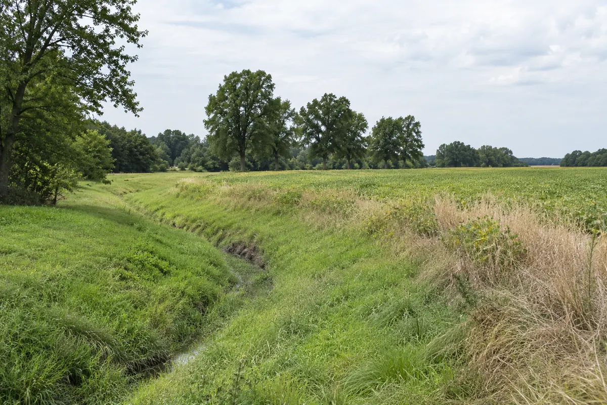 A shallow grassy channel runs beside an open field and a row of hardwood trees