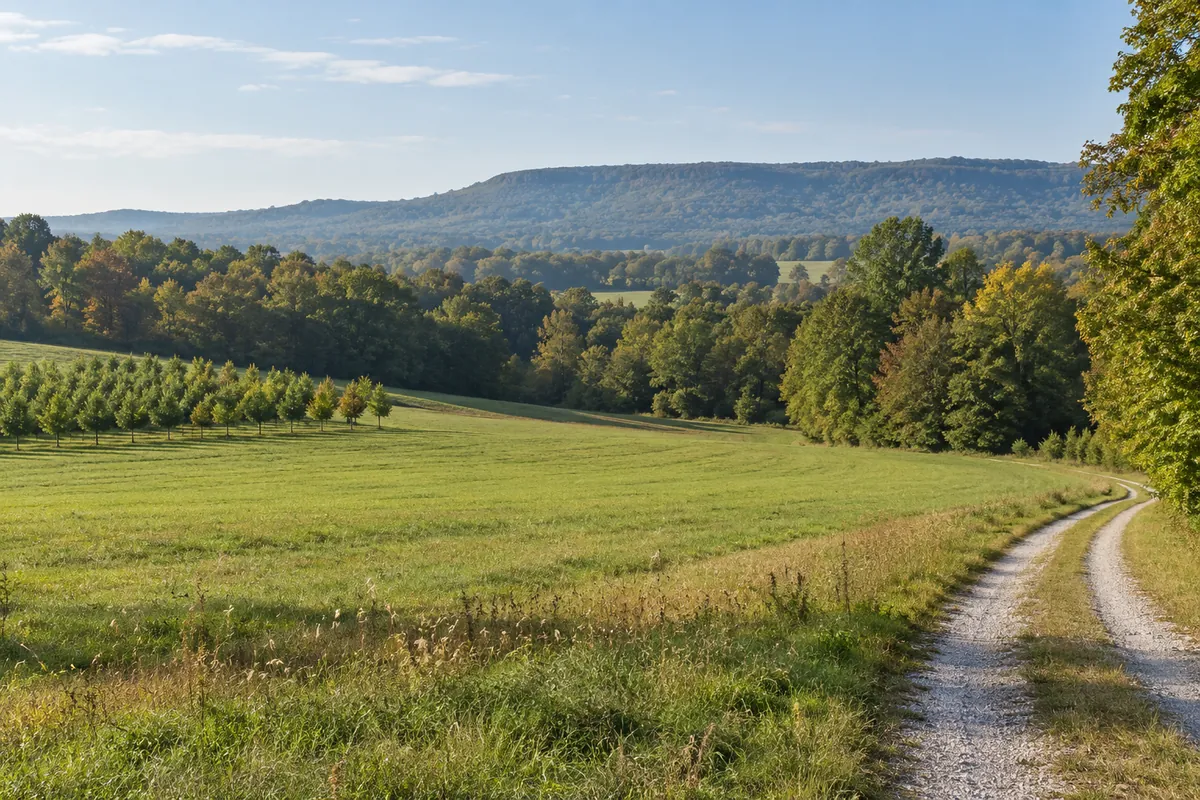Gravel farm track beside open Tennessee pasture and a wooded ridge