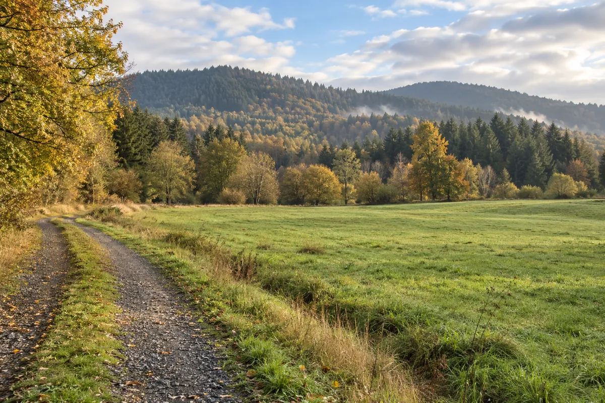 Green pasture and a gravel track below fir-covered foothills in western Oregon