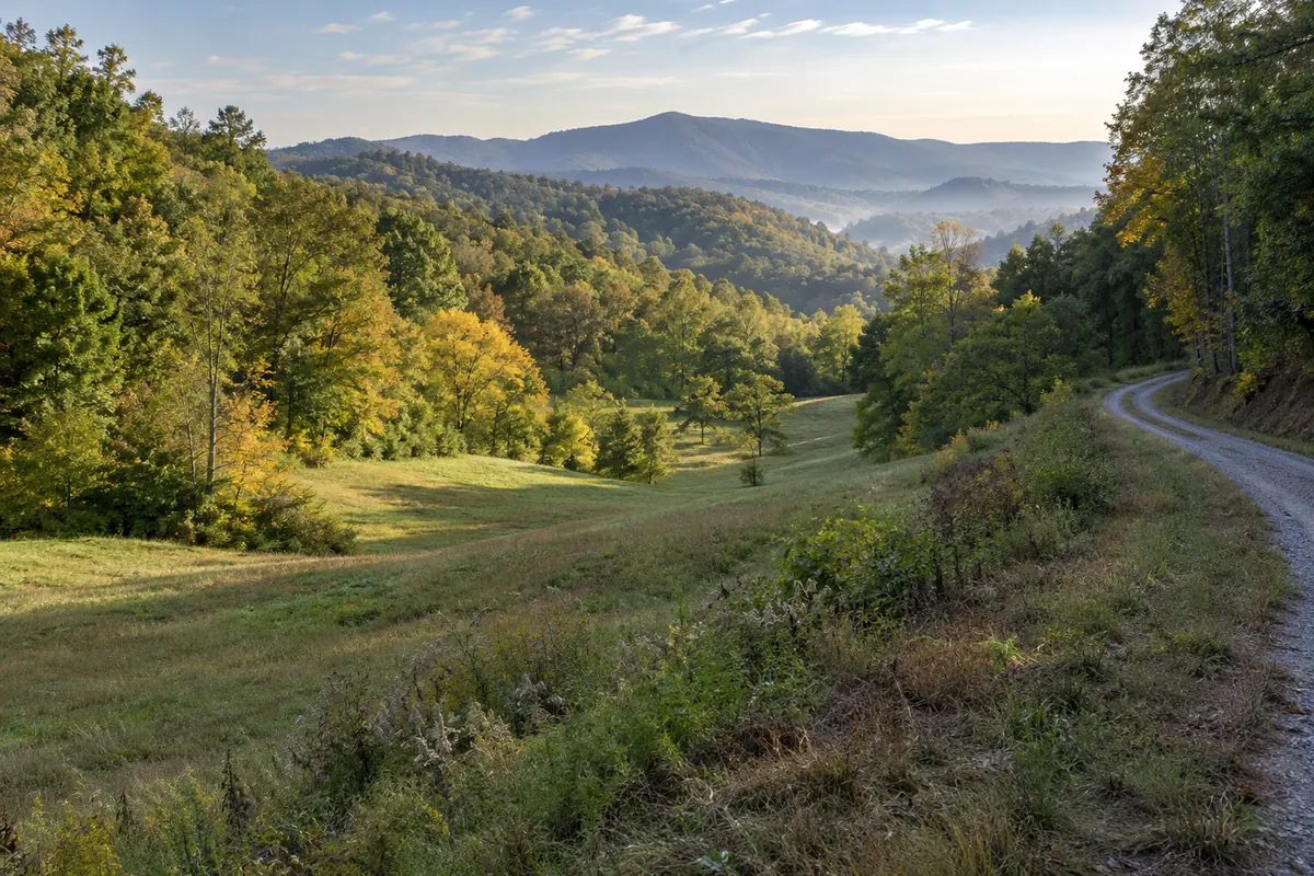 Grassy valley with a curving gravel road and layers of wooded hills