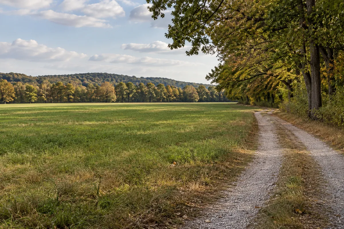 Gravel farm track beside an open field and autumn trees