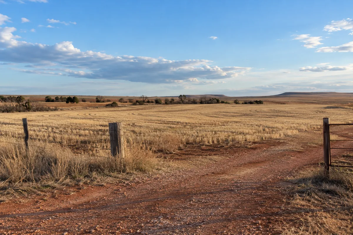 Red dirt entrance and gate beside a harvested field