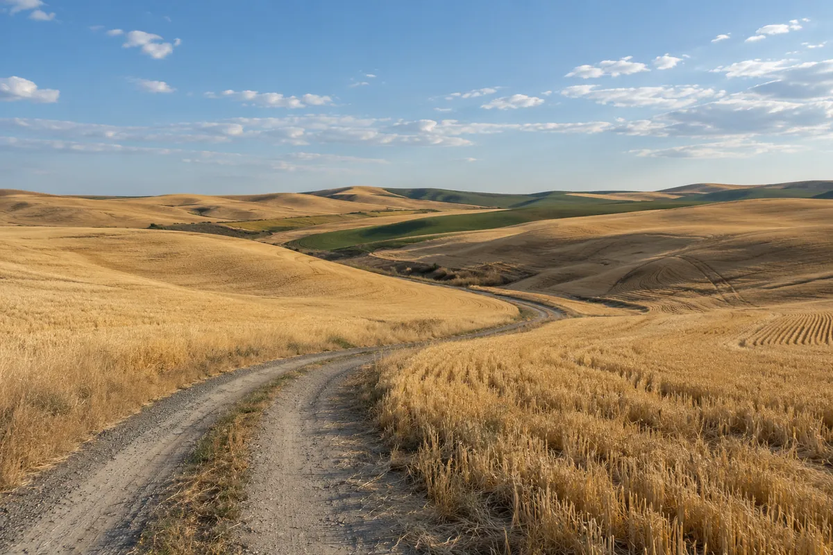 Gravel farm lane winding through golden fields and rolling hills in eastern Washington