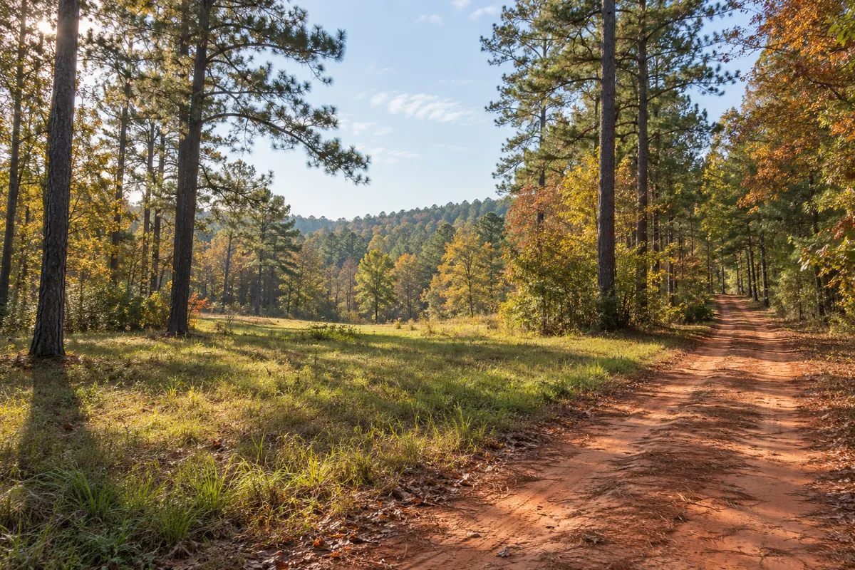 Dirt lane beside a grassy clearing and pine woods