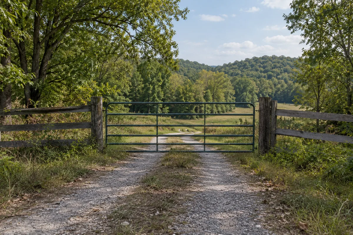 Metal gate across a gravel track leading toward wooded hills