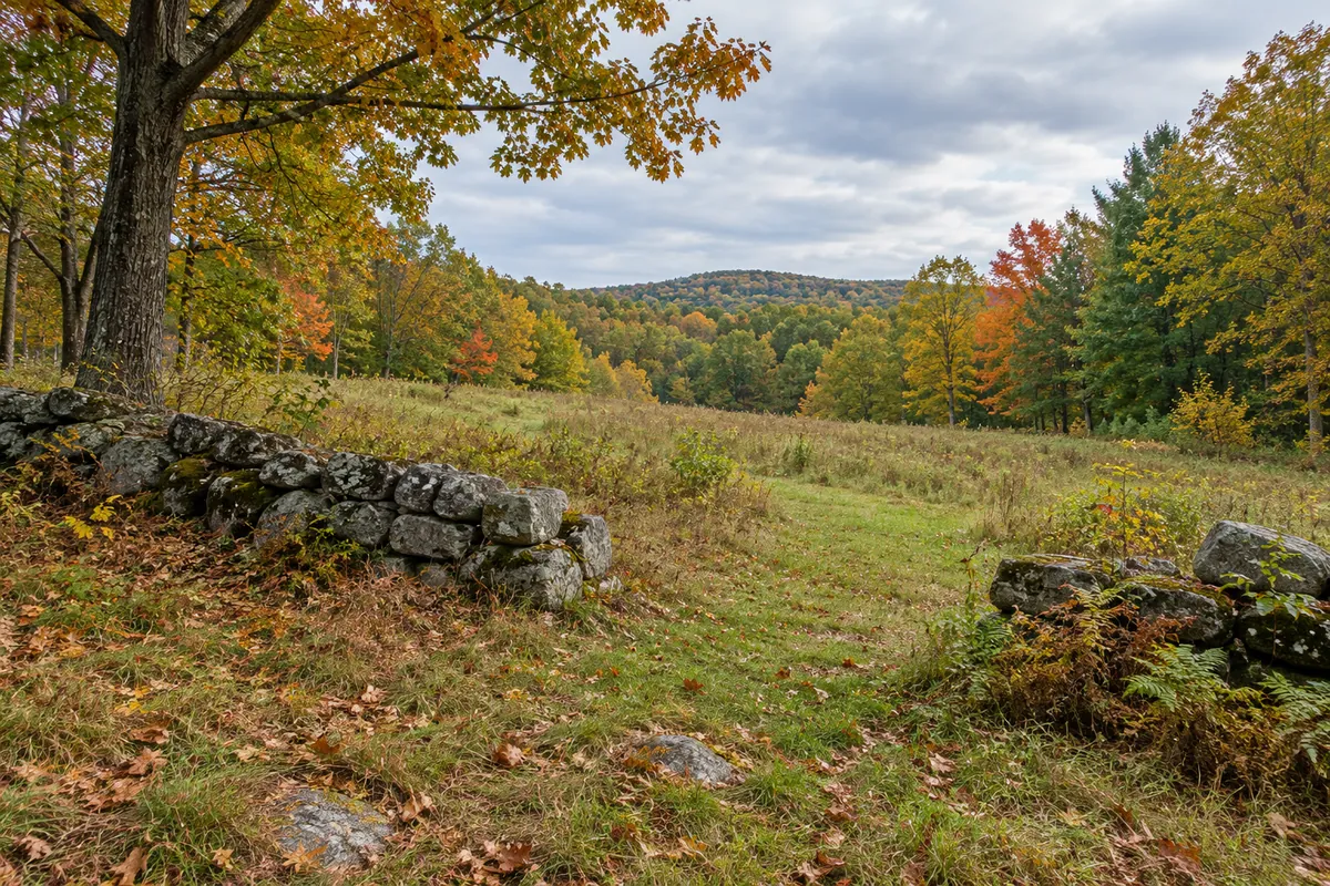 Low stone wall beside a grassy entrance to a meadow framed by oak and maple woods