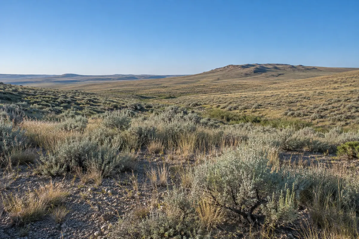 Dry grass and sagebrush on open rolling land below a low ridge