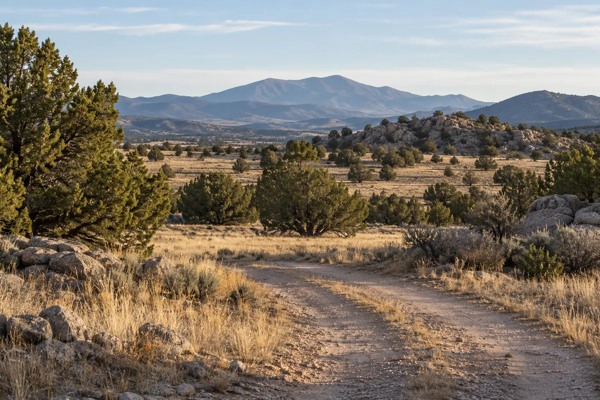 Dusty ranch entrance through dry grassland with scattered junipers and granite outcrops