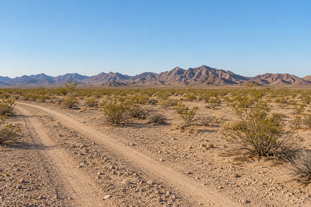 Sandy track through low desert shrubs with rocky mountains in the distance